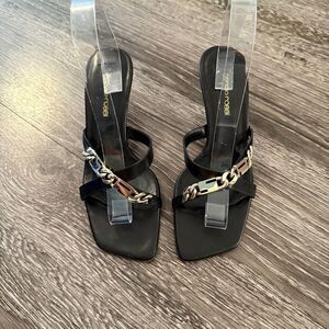 Sergio Rossi Vintage Gold Chain Monogram Strap Kitten Heel